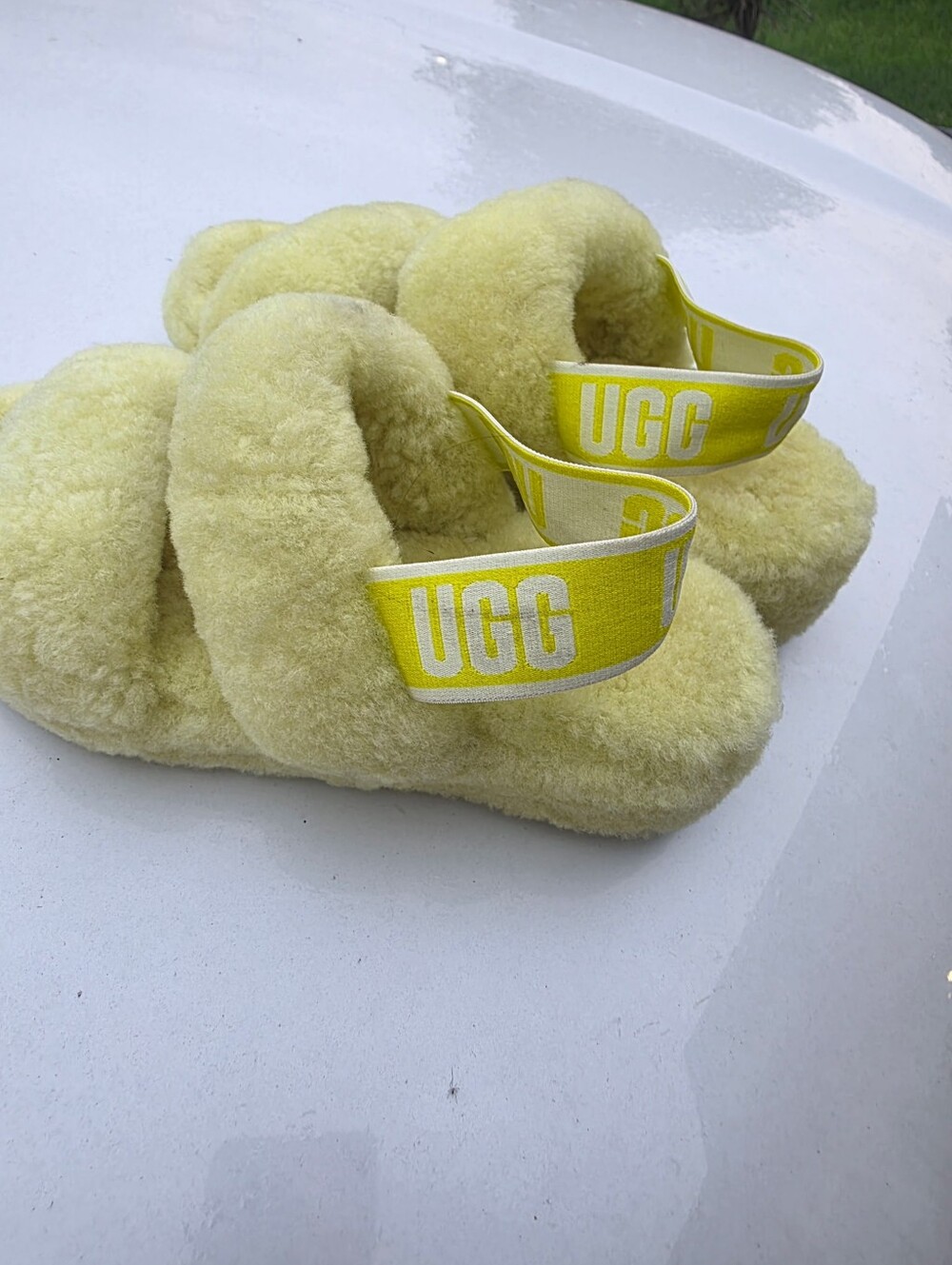 UGG Yellow Sheepskin Fluff Slippers with Branded Elastic Strap